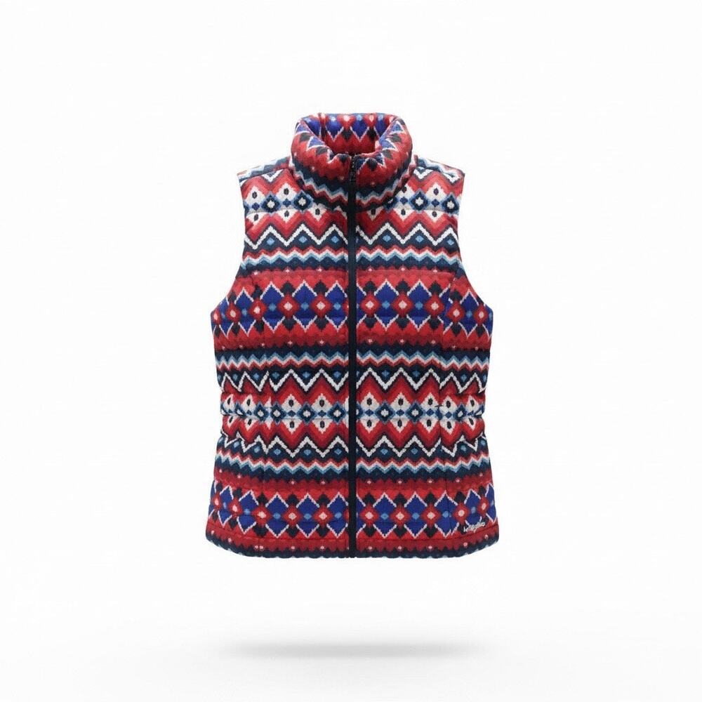 Lands' End women's down puffer vest geometric Fair Isle Print Sz. Small Blue/red